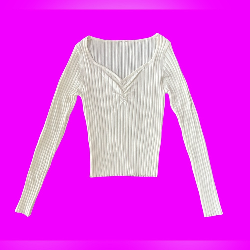 Women's Cream Ribbed Long Sleeve Top V-neck Ribbed Size S